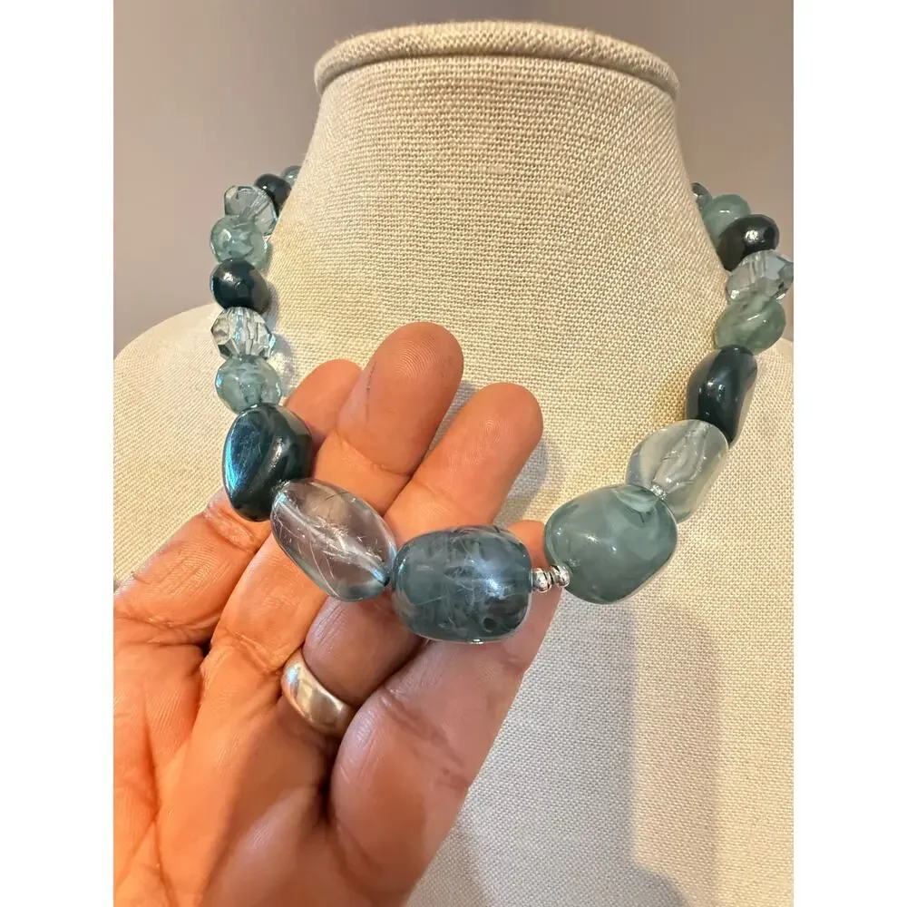 Vintage Blue Green Lucite Bead Necklace 16”